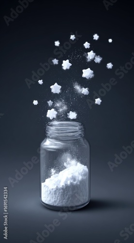 A glass jar filled with a sparkling white powder, transforming into floating star shapes against a dark blue-grey background