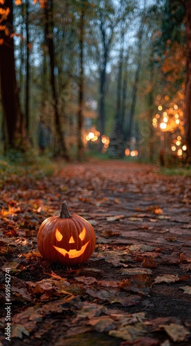 Lit jack-o'-lantern on a leaf-strewn path through the woods during twilight. The warm glow contrasts with the cool tones of the autumn forest