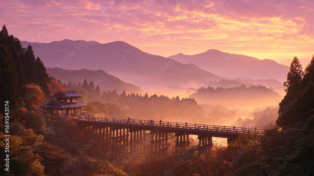 Obraz premium Misty dawn scene featuring a traditional wooden bridge spanning a valley filled with morning fog, with trees and mountains in the background
