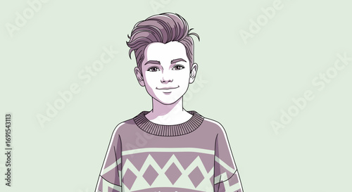 Stylish Outline Illustration of a Young Boy in Knitted Sweater Portrait