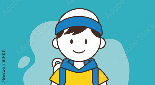 Simple Cartoon Style Boy with Backpack and Headband Illustration Character