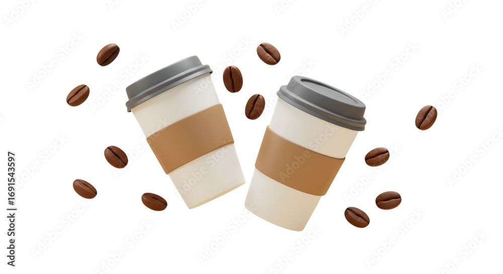 Fototapeta premium Two to go coffee cups surrounded by coffee beans on a transparent background. coffee cup and coffee beans