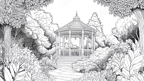 Black and white gazebo in garden