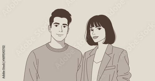 Clean Minimalist Couple Portrait Illustration of Man and Woman Wearing Business Attire