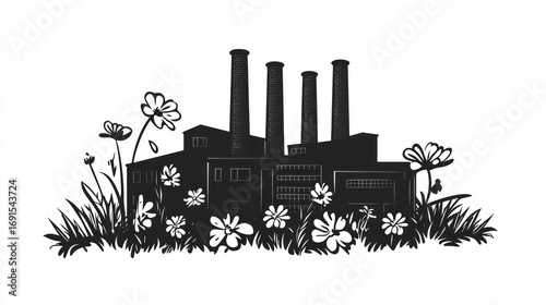 Factory and flowers silhouette