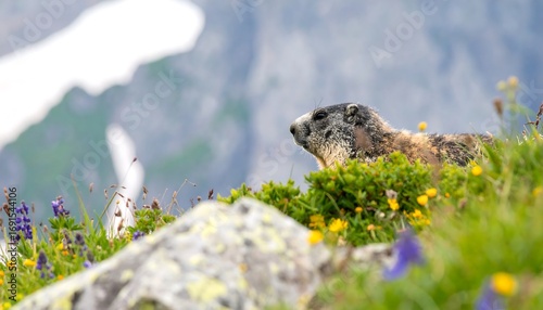 Fototapeta Naklejka Na Ścianę i Meble -  Alpine Marmot in Mountain Meadow