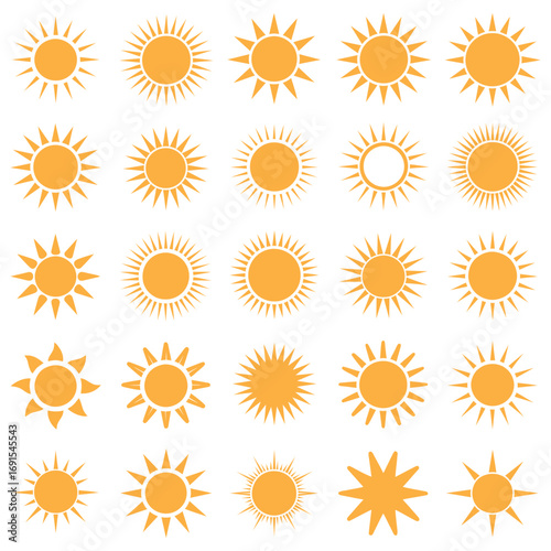 Cheerful collection of sun icons for bright designs and summer promotions under a sunny sky