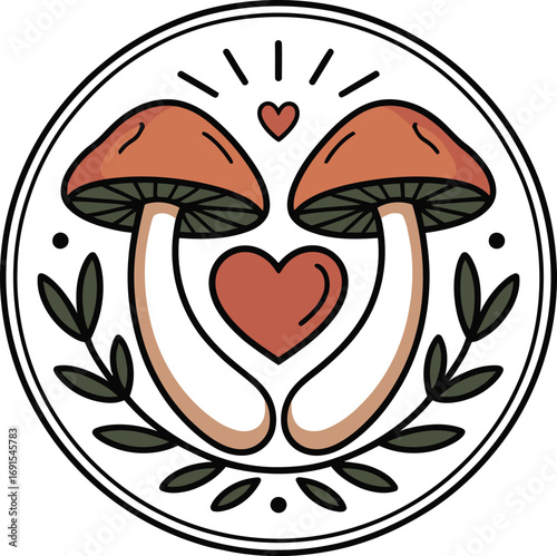 Mushroom Duo Hearts A Fungi Pair with Intertwined Stems and Heart Accents Surrounded by Foliage in a Circular Frame Illustration