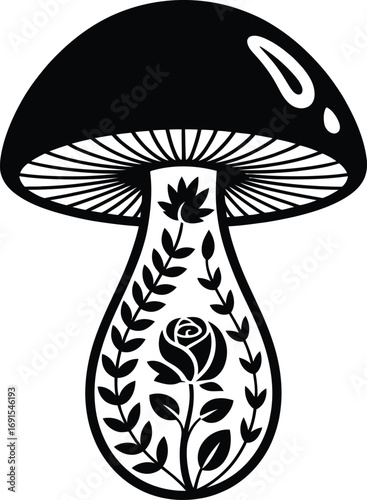 Enchanting Fungi Silhouette A Botanical Fusion of Rose and Lotus in a Mushroom Shape A Detailed Black and Plant Life Illustration on Clear Backdrop