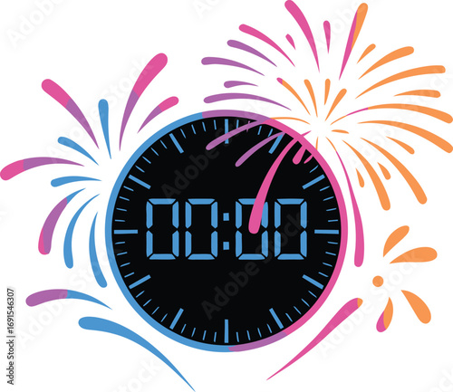 A Vibrant Countdown Clock Surrounded by Bursting Fireworks on a Clear Backdrop, Signifying Anticipation and Excitement for a New Beginning