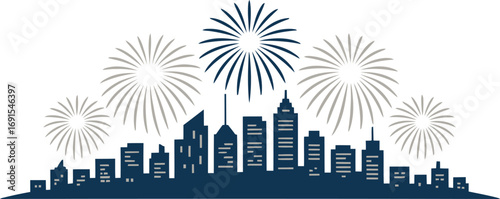 Festive Fireworks Display Over Cityscape Silhouette Celebration Event Night Sky Pyrotechnics Show Urban Scene Landmark Buildings Skyline Illustration