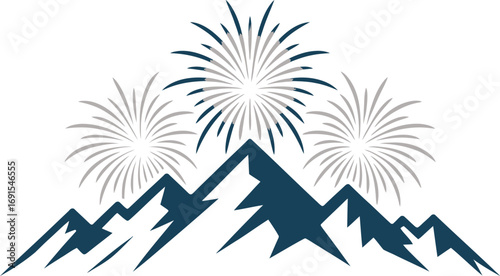 Mountain Peaks with Fireworks Illustration Outdoor Landscape Nature Scenery Sky Bursting Light Festive Event Celebration Holiday Pyrotechnics