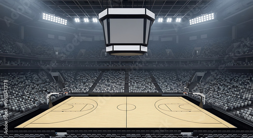 Empty basketball arena awaiting a game, under bright stadium lights.