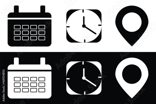 Calendar, time, clock, address, location icon set. Icons for date, reminder, address, invitation, event, business.  Address location icon. Stopwatch timer icon. Date Calendar icon. eps 10
