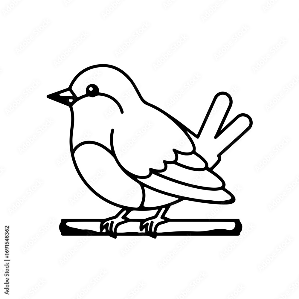 Fototapeta premium A simple black and white line drawing of a small bird perched on a branch.