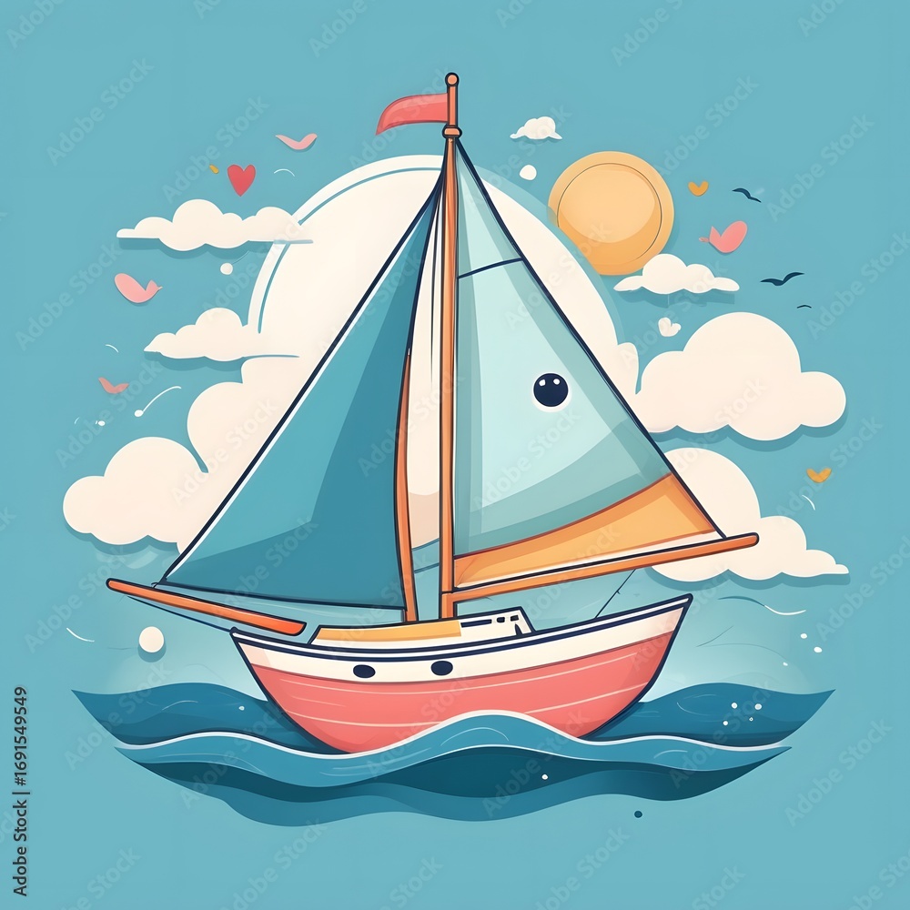 Fototapeta premium Charming sailboat glides on gentle waves under a sunny sky with playful clouds and hearts