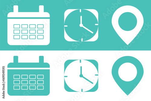 Calendar, time, clock, address, location icon set. Icons for date, reminder, address, invitation, event, business.  Address location icon. Stopwatch timer icon. Date Calendar icon. eps 10