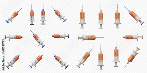 Multiple syringes filled with orange liquid are arranged in various orientations against a transparent background.