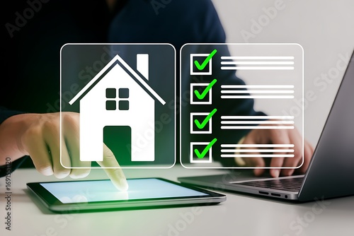 Home inspection checklist on digital tablet and laptop real estate concept.