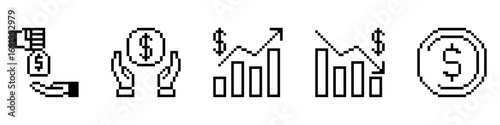 Set pixel finance icon vector for business, accounting, and monetary management. Useful for illustrating a collection of financial tools in a fun, retro, 8-bit aesthetic.