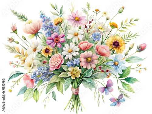 Watercolor bouquet wildflowers pink yellow blue purple white isolated on a transparent background image
