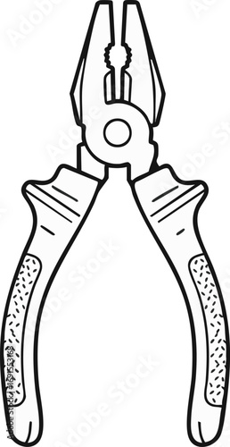 A detailed black and white line art illustration of combination pliers, essential for various gripping, bending, and cutting tasks in electrical work and general repairs.