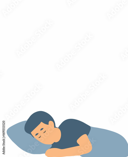 A young man sleeping soundly on a pillow in his bed, a flat vector illustration representing rest, dreams, and tranquility