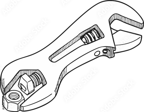 A crisp black and white line art illustration depicts an adjustable wrench firmly gripping a hexagonal nut and bolt, symbolizing crucial repair and maintenance tasks.