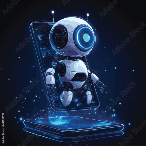 AI assistant bot flying out of a smartphone screen