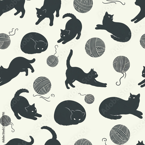 seamless pattern with cat and yarn ball
