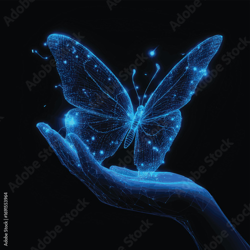 Digital butterfly flies away from hand