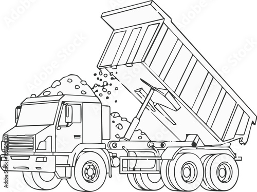 A detailed line art illustration depicts a heavy-duty dump truck actively unloading a pile of sand or gravel, showcasing construction and transport machinery in action.