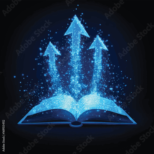 Abstract digital open book and light blue growth arrows