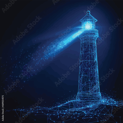 Abstract digital lighthouse with a bright beam on a dark blue technology background in a futuristic style