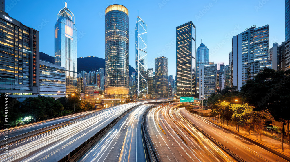 Obraz premium Busy city intersection with tall glass towers and vibrant traffic at dusk, showcasing urban life