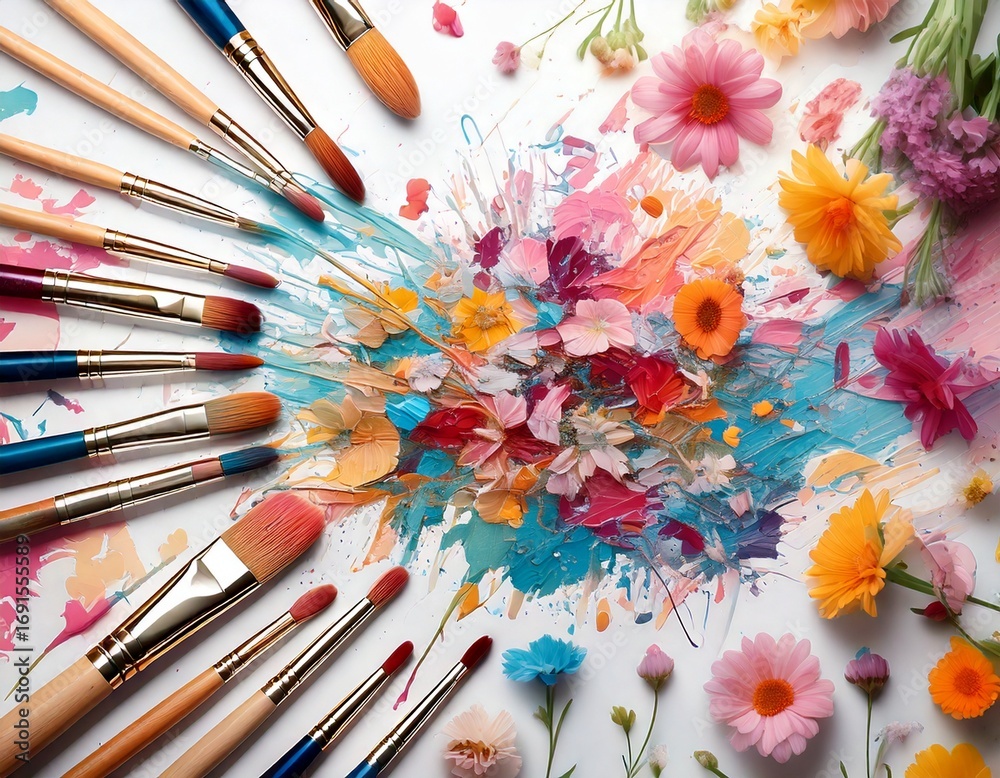 Obraz premium Artistic creation scene with paintbrushes and flowers white background 
