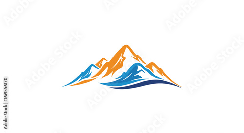 Stunning mountain peaks logo, blue and orange design for outdoor adventure brand or nature inspired company