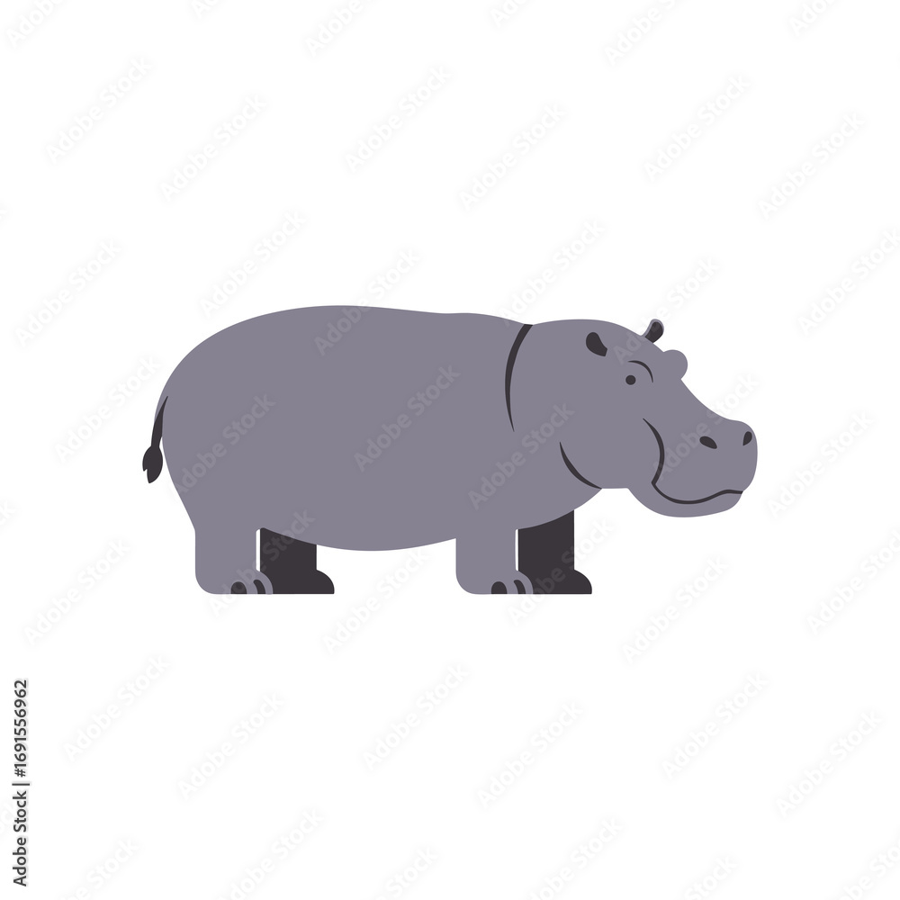 Obraz premium Flat vector illustration of a hippopotamus standing with side profile, minimalistic cartoon design, simple wildlife character isolated