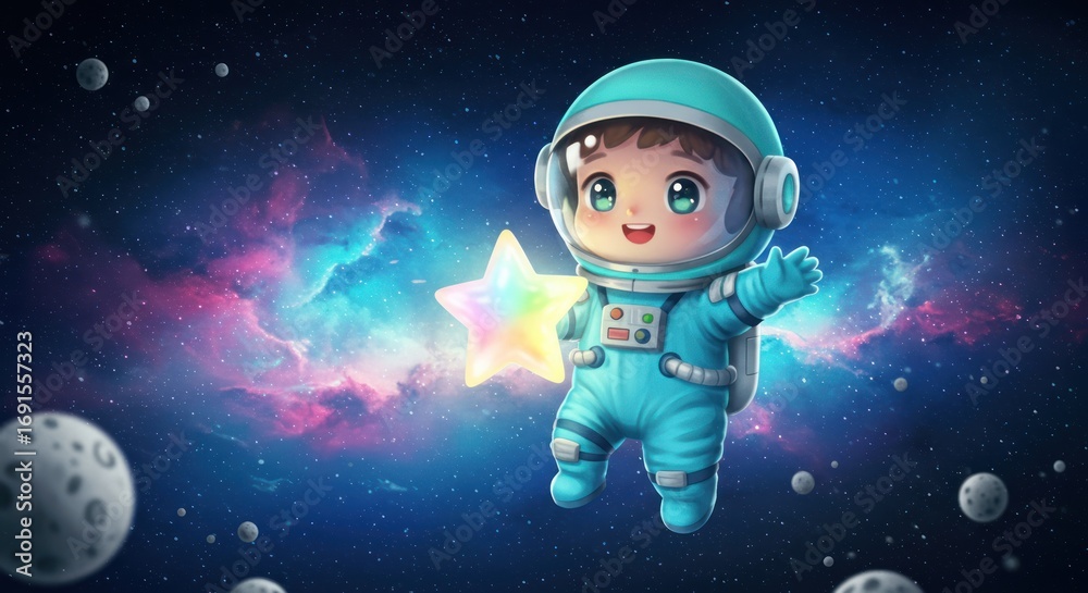 Naklejka premium Chibi Astronaut Holding a Glowing Star in a Cosmic Dreamscape