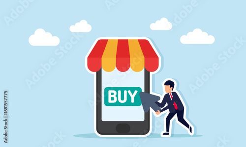 Businessman holding cursor pointing at buy button on smartphone with store tent illustration of business budget spending realization