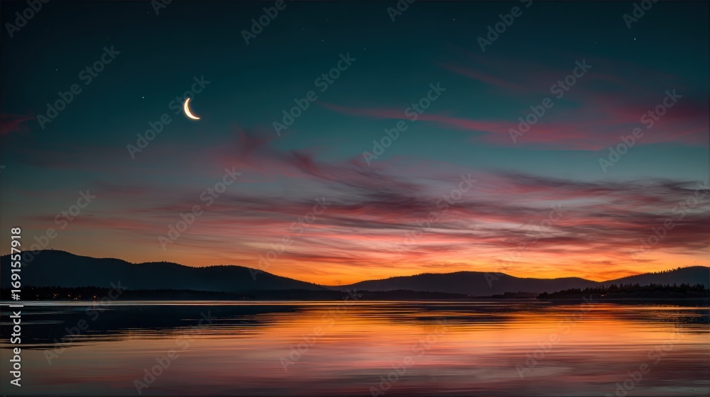 Obraz premium Serene sunset over lake with crescent moon
