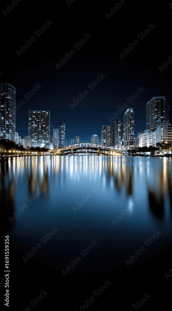 Fototapeta premium Illuminated city skyline reflected in tranquil waters at night. Tall buildings with bright windows under a dark sky with a bridge connecting structures
