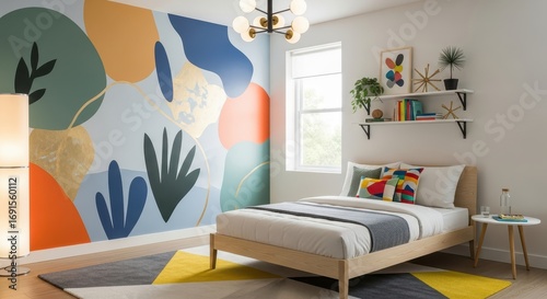 Colorful playroom with wall mural
