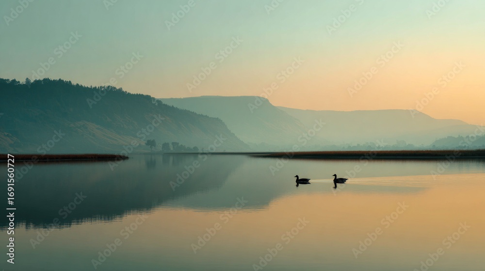 Fototapeta premium Ducks on calm lake at dawn