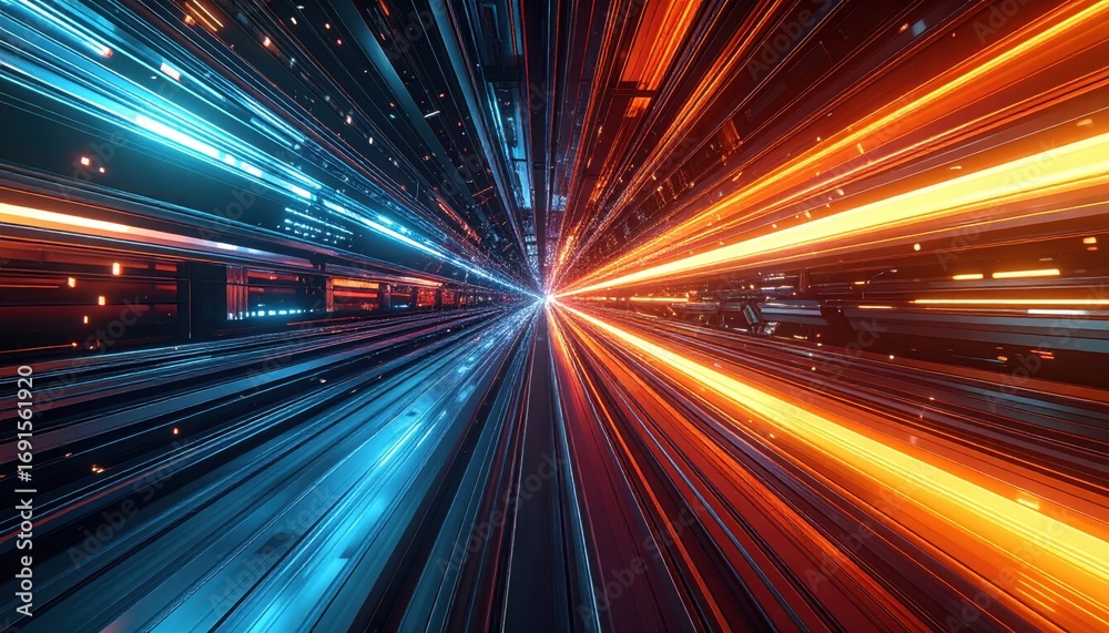 Obraz premium A vibrant, futuristic tunnel, streaked with vibrant blue and orange light trails, creating a dynamic, high-speed perspective.