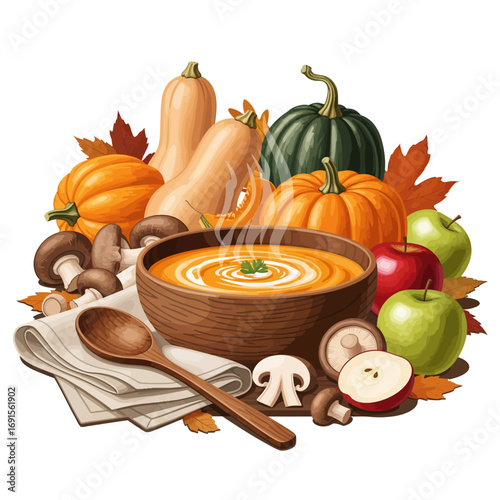 A warm, inviting illustration of a bowl of soup surrounded by autumn harvest elements.