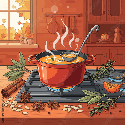 A pot of steaming pumpkin soup simmers on a stove in a cozy kitchen, surrounded by autumn spices and herbs.