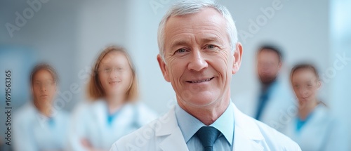 Smiling, confident older doctor poses with a diverse, blurred medical team in the background. He wears a white coat and blue tie