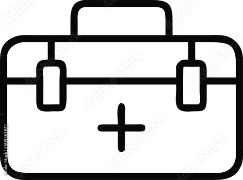 Minimalist outline illustration of a first aid kit with handle and plus symbol