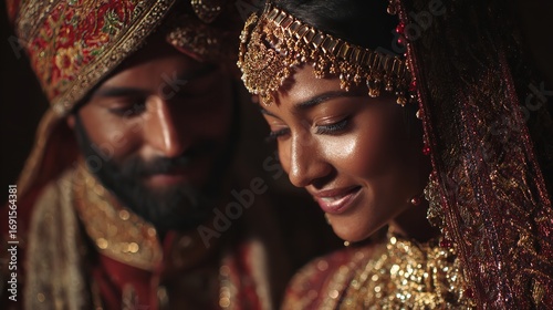 Beautiful Indian Bride and Groom Adorned in Traditional Wedding Attire Share Tender Moment